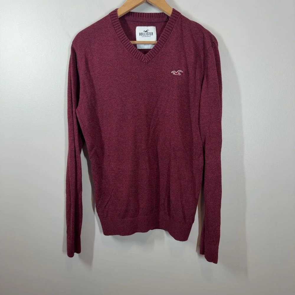Hollister Mens V-Neck Sweater Size M Maroon Burgundy Marl Knit Logo Stretchy